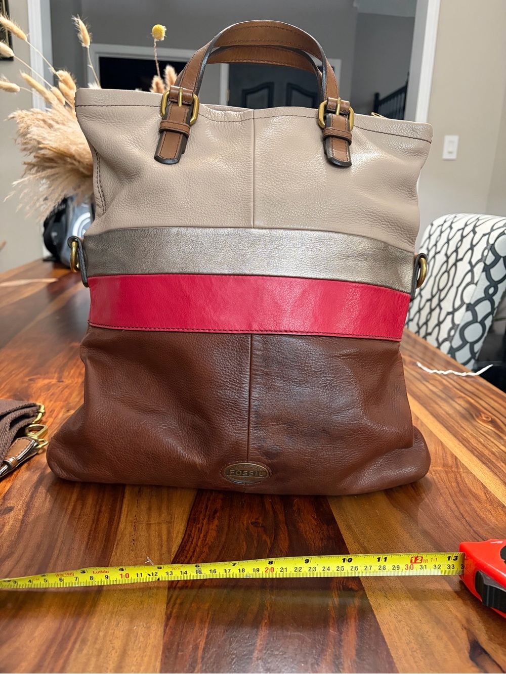 Fossil Tri-Tone Leather Tote — Beige, Metallic Silver, Red & Brown